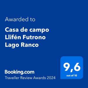 Certifikat, nagrada, logo ili neki drugi dokument izložen u objektu Casa de campo Llifén Futrono Lago Ranco