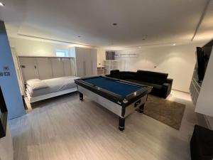 a living room with a pool table and a bed at Entire Modern Studio Apartment with Pool Table in Denton