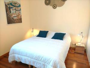 a bedroom with a white bed with two blue pillows at 2 Bebrooms Duplex in Cannes