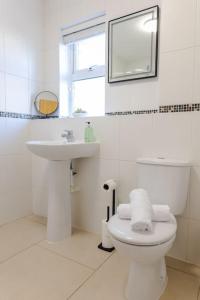 a white bathroom with a toilet and a sink at Stylish 1 bed apartment with free parking in Cardiff