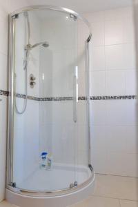 een douche met een glazen deur in de badkamer bij Stylish 1 bed apartment with free parking in Cardiff
