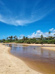 a beach with people swimming in the water at Casa em Imbassaí à 100m da praia in Mata de Sao Joao
