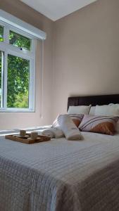 1 dormitorio blanco con 1 cama grande y ventana en Recanto na Olegário Maciel com garagem, en Río de Janeiro