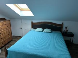 a bedroom with a bed with blue sheets and a skylight at "SALERNO" Apartament w GIFFONI VALLE PIANA dla 6 osób, klimatyzowany, w pełni wyposażony in Giffoni Valle Piana