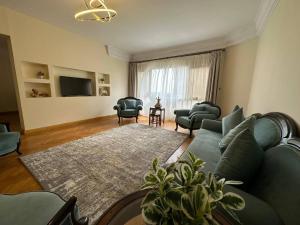 een woonkamer met een groene bank en stoelen bij Luxurious apartment for rent with Nile view for families only in Caïro