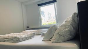1 Schlafzimmer mit 2 Betten vor einem Fenster in der Unterkunft Linz Central Apartment in Linz