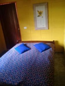 a bedroom with a bed with blue sheets and a picture on the wall at Casa Tupa Recanto Familiar Pague 2 Minimo e fique 3 menos feriados in Natividade da Serra +26 photos