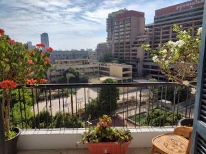 a view of a city from a balcony with flowers at Dokki I Madina Apt I 2min to Nile in Cairo