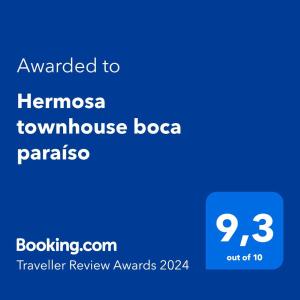 Certifikat, nagrada, logo ili neki drugi dokument izložen u objektu Hermosa townhouse boca paraíso