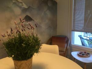 une table avec un vase avec une plante sur elle dans l'établissement El Cau de Ribes, à Ribes de Freser