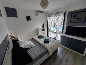 1 dormitorio con 1 cama y TV de pantalla plana en Chez Cendra en Borgo
