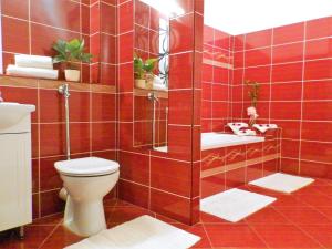 W wyłożonej czerwonymi kafelkami łazience znajduje się toaleta i umywalka. w obiekcie Léna Apartman - Eger w Egerze