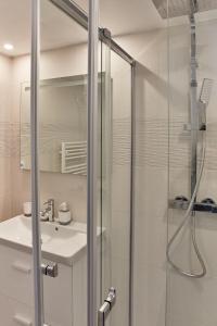 een badkamer met een douche en een wastafel bij La Breizhidence in Combourg