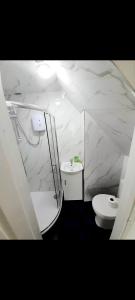 a white bathroom with a toilet and a sink at Double ensuite room in Leicester