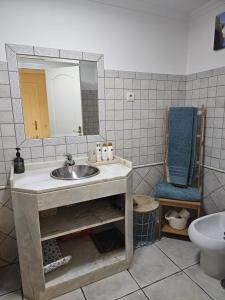 La salle de bains est pourvue d'un lavabo, d'un miroir et de toilettes. dans l'établissement Apartment Calcada, à Albufeira