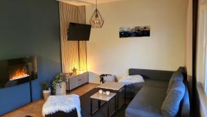 uma sala de estar com um sofá e uma lareira em Cozy apartment in Alp House em Kuopio