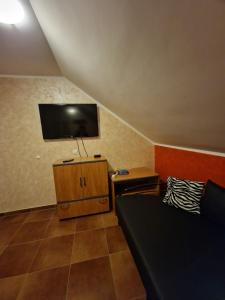 een woonkamer met een bank en een flatscreen-tv bij Apartmani Tina - Srebrno jezero in Zatonje