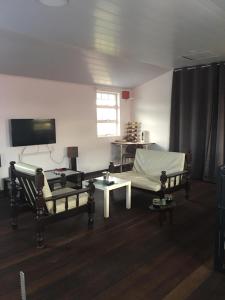 sala de estar con 2 sofás y TV en Rena’s Appartement, en Paramaribo