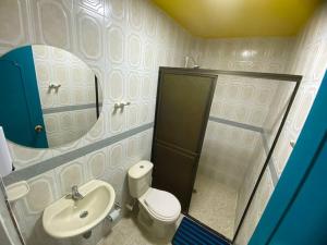 uma casa de banho com um WC, um lavatório e um espelho. em Apartamento con garaje, sin escaleras y muy bien ubicado em Palmira