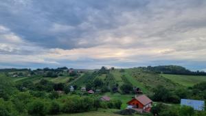 ein kleines Dorf mitten auf einem grünen Feld in der Unterkunft Borkert Panzió 