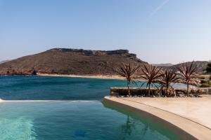 a beach with palm trees and a mountain in the background at Panormos Village Hotel in Mykonos