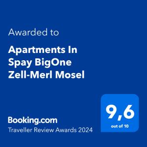 Ett certifikat, pris eller annat dokument som visas upp på Apartments In Spay BigOne Zell-Merl Mosel