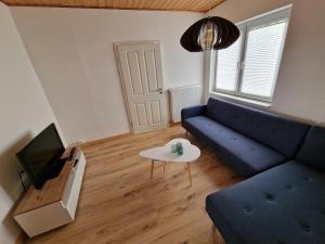 ein Wohnzimmer mit einem blauen Sofa und einem Fernseher in der Unterkunft Wildemannstraße X in Seesen