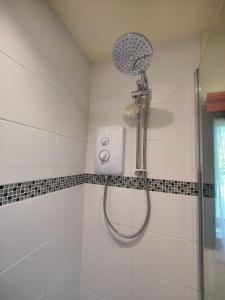 a shower with a shower head in a bathroom at Parsonage Barn Annex in Winchelsea