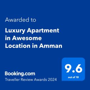 uma imagem de um ecrã de telefone com o texto atribuído a um apartamento de luxo em localização incrível em Luxury Apartment in Awesome Location in Amman em Amã