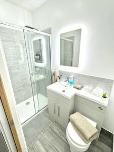 a bathroom with a shower and a toilet and a sink at The Modern Smart Home in Great Warley Street