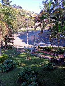 een park met palmbomen en een straat bij Casarão ao lado do Hotel Majestic in Águas de Lindóia