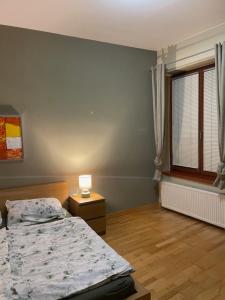 1 dormitorio con cama, lámpara y ventana en Apartmán Pistácia 2 priame centrum BB, en Banská Bystrica