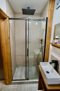 une douche avec une porte en verre à côté d'un lavabo dans l'établissement Stunning Beach house, à Gorleston-on-Sea