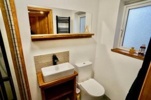 La salle de bains est pourvue de toilettes, d'un lavabo et d'un miroir. dans l'établissement Stunning Beach house, à Gorleston-on-Sea