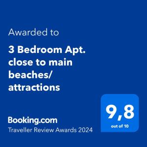 Certifikat, nagrada, logo ili neki drugi dokument izložen u objektu 3 Bedroom Apt. close to main beaches/ attractions