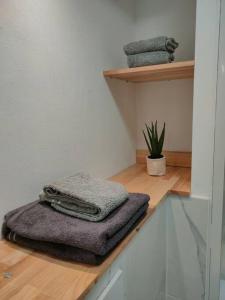 un montón de toallas sentadas en un mostrador en una habitación en Le Saint Nicolas, en Châteaugiron