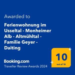 Certifikát, hodnocení, plakát nebo jiný dokument vystavený v ubytování Ferienwohnung im Usseltal - Monheimer Alb - Altmühltal - Familie Geyer - Daiting