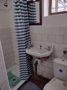 baño con lavabo y cortina de ducha en Casa en el Corazón de San Vicente, en San Vicente de Tagua Tagua