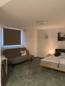 a living room with a bed and a couch at METRO APARTMENT in Bielsko-Biała