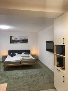a bedroom with a bed and a flat screen tv at METRO APARTMENT in Bielsko-Biała