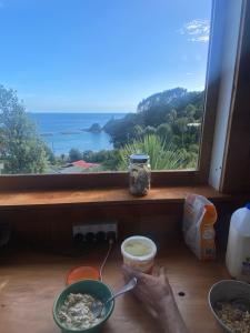 a person preparing food in front of a window at Kereru Cabin in Palm Beach