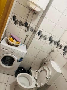 a bathroom with a toilet and a washing machine at Apartman Dobrinja 1 in Sarajevo
