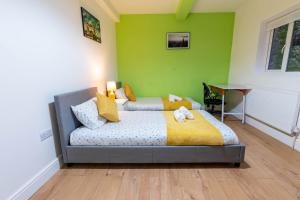 1 Schlafzimmer mit 2 Betten und einer grünen Wand in der Unterkunft 1 bedroom flat with 3 beds,Luton Town and station F3 53 in Luton