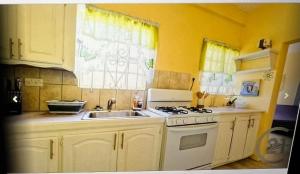 uma cozinha com um fogão branco e um lavatório em Patrickville em Gwa Kay