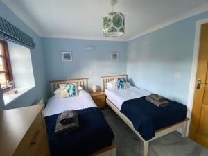 two beds in a room with blue walls at Lapwing Cottage Docking in Docking