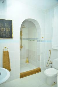 W łazience znajduje się prysznic, toaleta i umywalka. w obiekcie La Neisha Hotel Zanzibar w mieście Stone Town