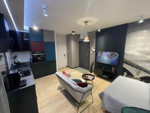 uma sala de estar com um sofá e uma televisão em New comfortable apartment with balcony and sauna on Klimieckiego street na Cracóvia
