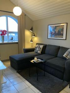 a living room with a blue couch and a table at Stay Iceland apartments - S 24 in Garðabær