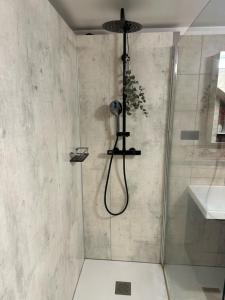 y baño con ducha con cabezal de ducha. en Stay Iceland apartments - S 24, en Garðabær