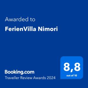 Certifikát, ocenenie alebo iný dokument vystavený v ubytovaní FerienVilla Nimori